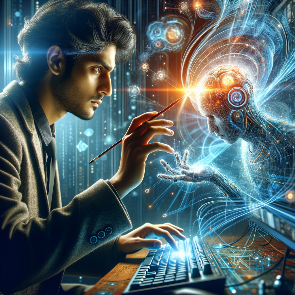 未来的なオフィス環境で、脳波インターフェースを通じてホログラフィックAIアシスタントと対話する人物を描いた画像。AIアシスタントは、記憶の想起を支援する情報を表示している。