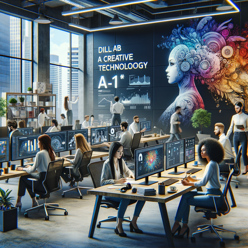 AI温度管理システムが導入された、快適で生産性の高いオフィス環境を描写します。大画面にはAIのインターフェースが表示され、従業員が快適に作業している様子がわかります。