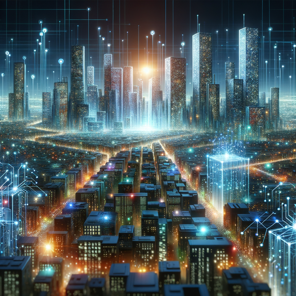 AIがPCを操作する未来的なイメージ。高層ビルが立ち並ぶ都市の風景の中に、AIによって制御された光るPCが浮かび、デジタルインターフェースが飛び交っている。