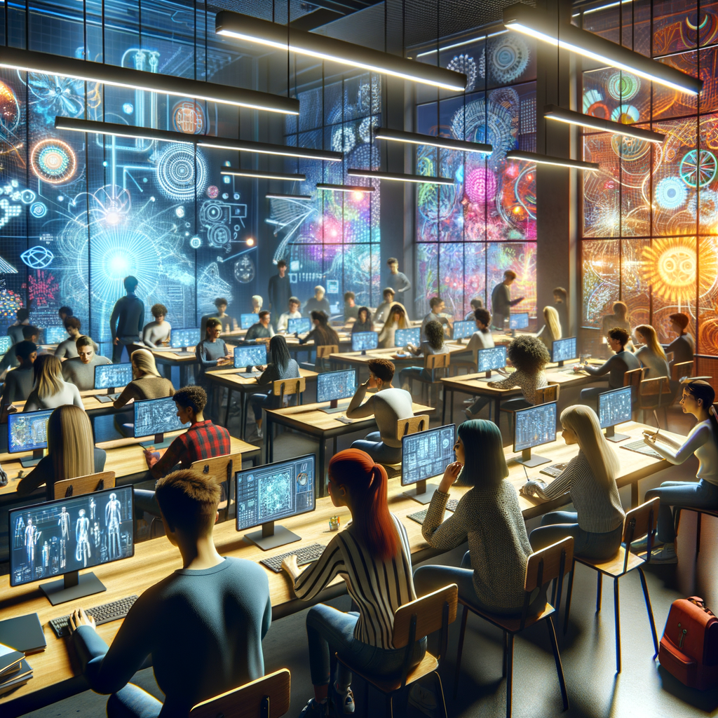 2025年の教室の様子。生徒たちがホログラフィックAIアシスタントと交流している様子を表現。AI技術が教育現場に浸透している未来的なイメージ。