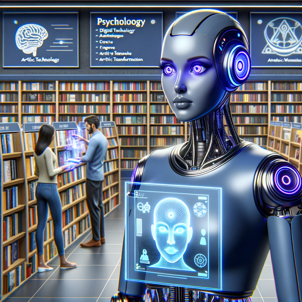 AIが書店員として、顧客に心理学書を勧めている未来的なイメージ。AIの知性と親しみやすさを表現。