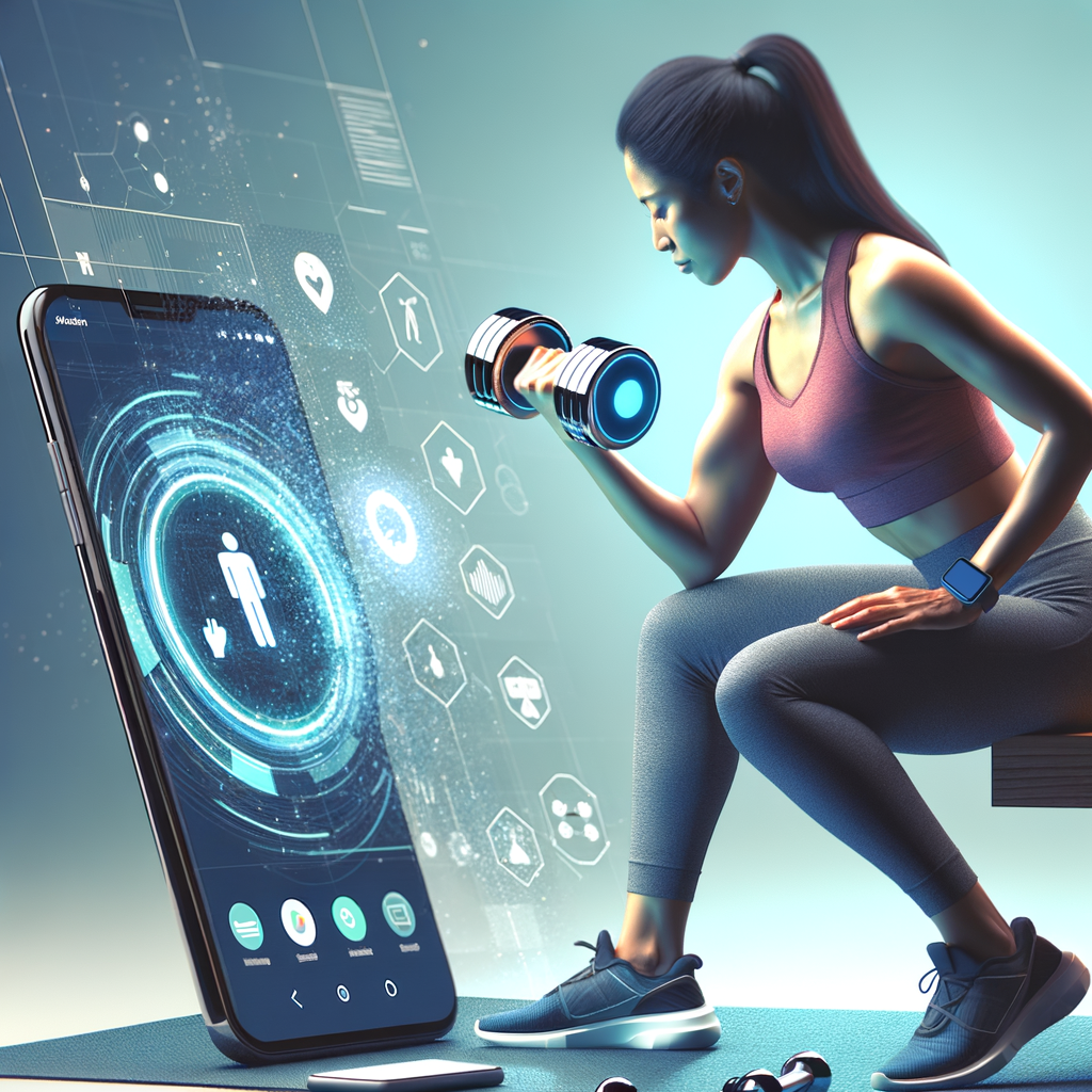 スマートダンベルを使って自宅でトレーニングをしている人が、スマートフォンのアプリを見ながらフォームを確認している様子。