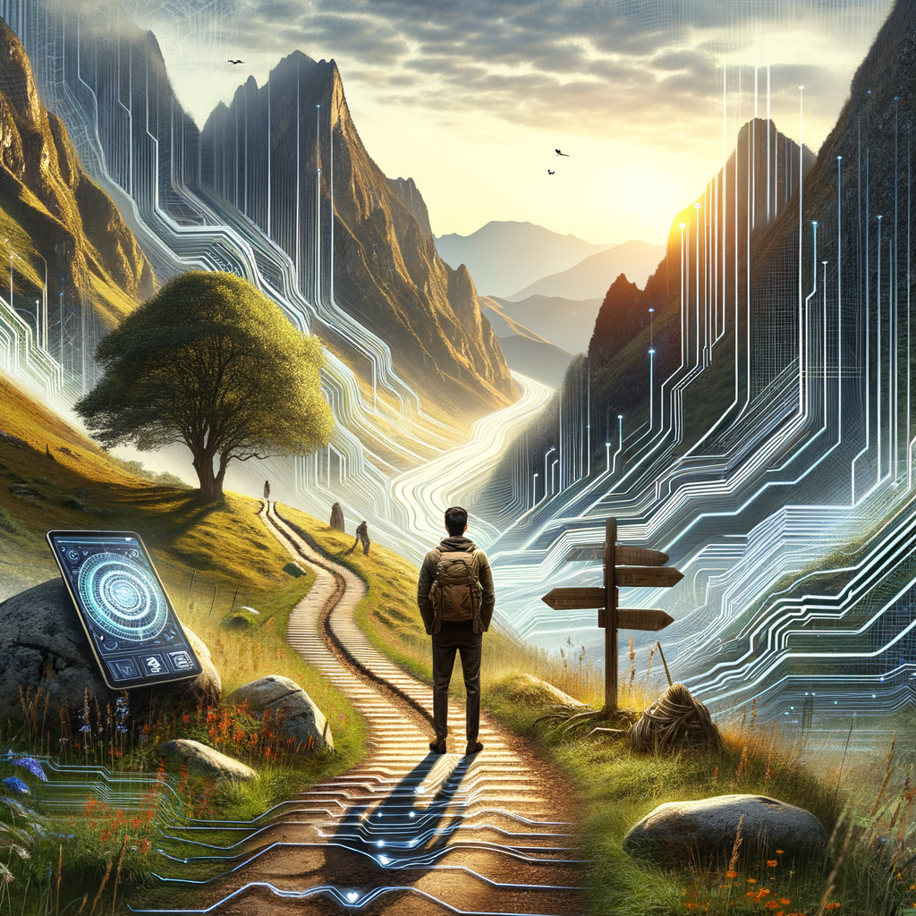 社会復帰を目指す人が、AIという心強い相棒と共に、未来への道を歩み始める様子を表現。希望と決意に満ちた表情がポイント。