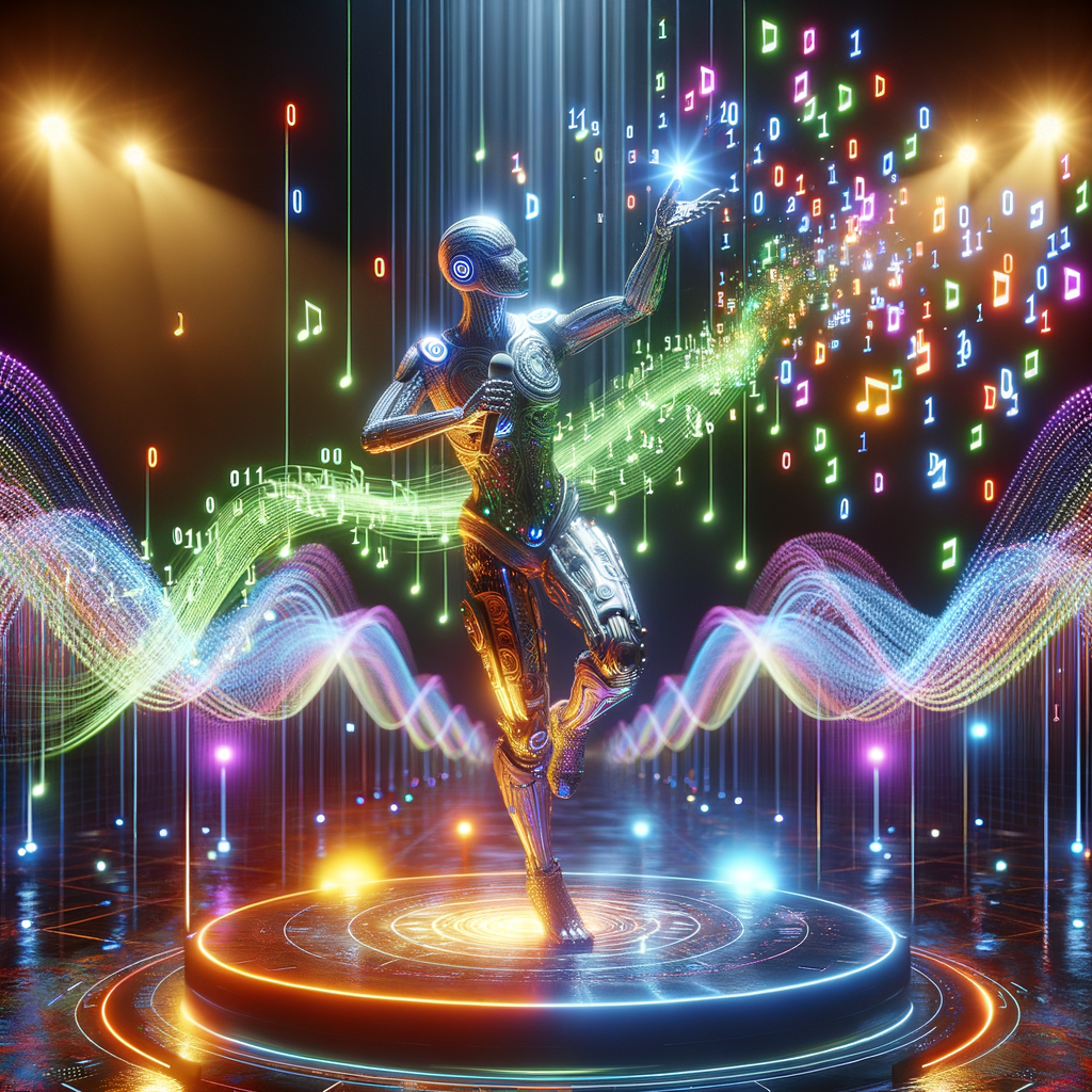 近未来的なバーチャルコンサートホールで、AIアイドルがステージ上でパフォーマンスし、応援するファンと交流している様子。