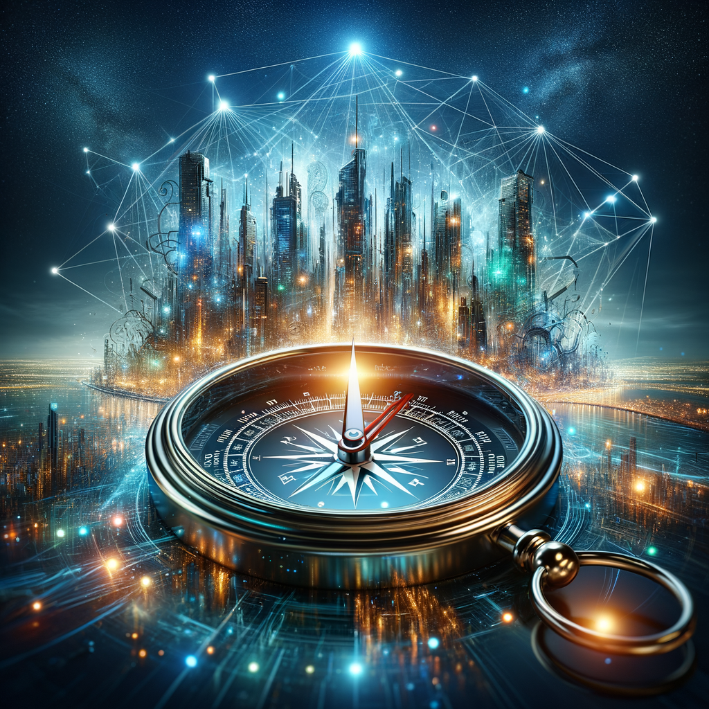 未来都市の風景の中に、AIを示すバイナリーコードが組み込まれ、羅針盤がその方向を示しているイメージ。AIとの信頼関係を築きながら未来へ進む方向性を示唆する。