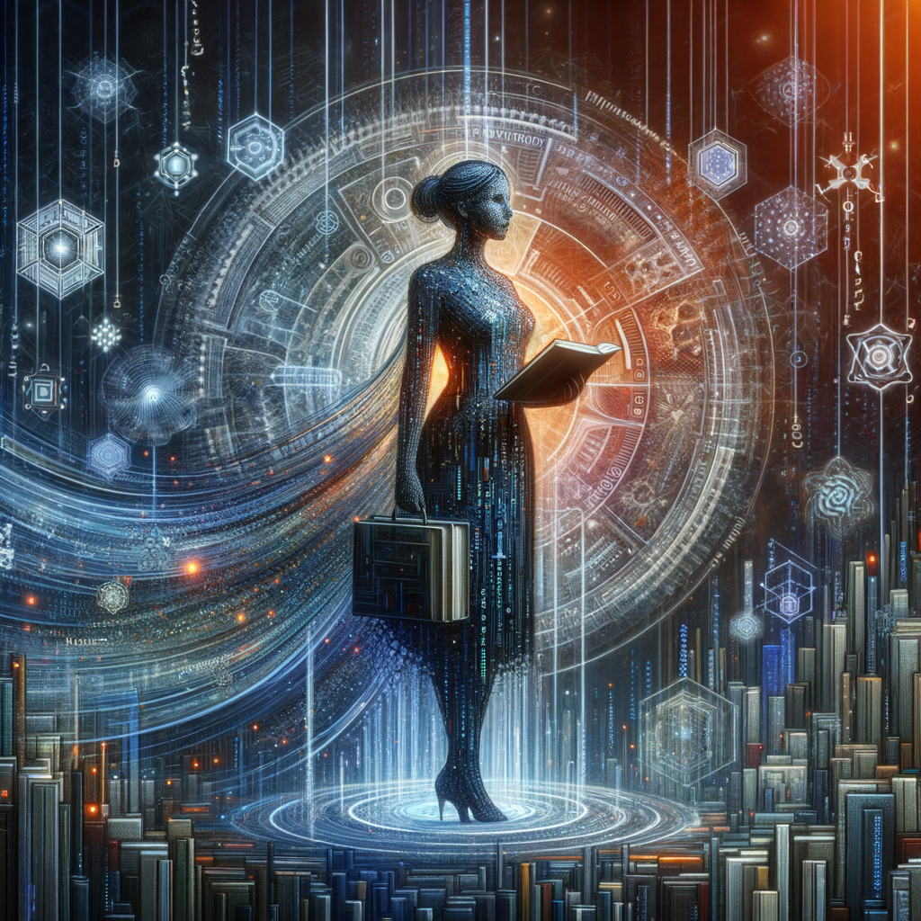 大規模言語モデル（LLM）を、コードとデータで構成されたフレンドリーな司書キャラクターとして表現したイラスト。光る本とサーバーに囲まれ、LLMの仕組みをわかりやすく説明している。漫画のようなスタイル。