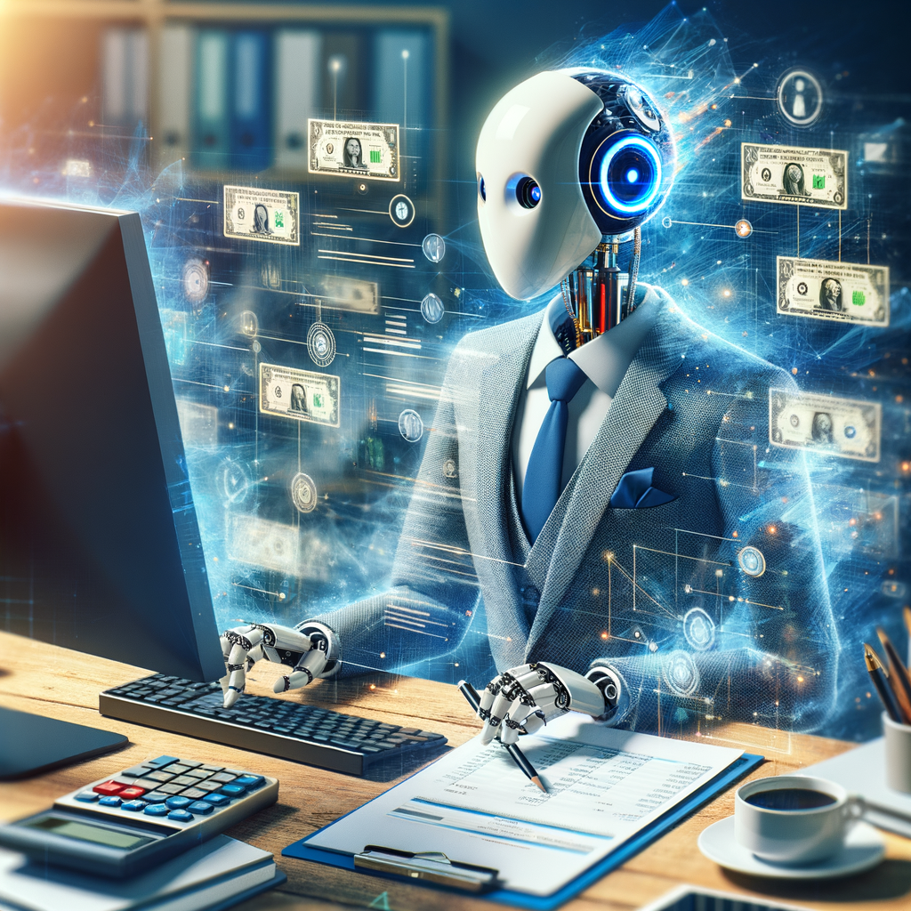 近未来的なオフィスで、AIアシスタントロボットが領収書でいっぱいのPC画面を見ながら経費精算をしている様子。散らかった領収書と整理されたExcelシートの対比が、AIの効率の良さを表現している。