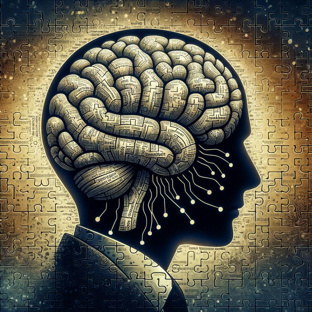 AIの思考回路を「言葉のパズル」として表現したイメージ。脳の形をした巨大なジグソーパズルが単語で構成されており、AIが言葉を組み合わせて文章を生成する仕組みを視覚的に表現しています。