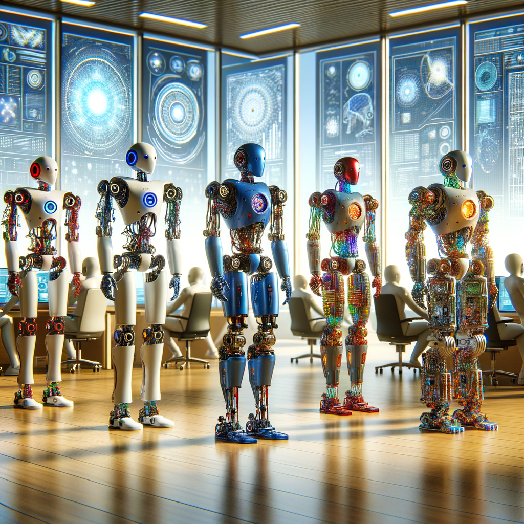 個性豊かな外見と能力を持つ複数のAIロボットたちが、未来的な戦場で競い合っている様子。2025年のAIモデルの乱立と競争を表現。