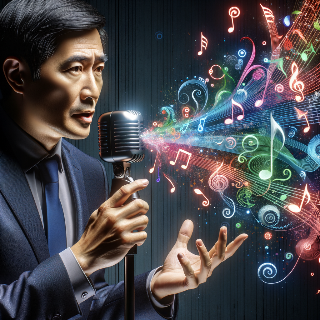 人がマイクに向かって話し、その声が音楽記号に変化していく様子を描写。テキスト・トゥ・ミュージック技術を視覚的に表現するイメージ。