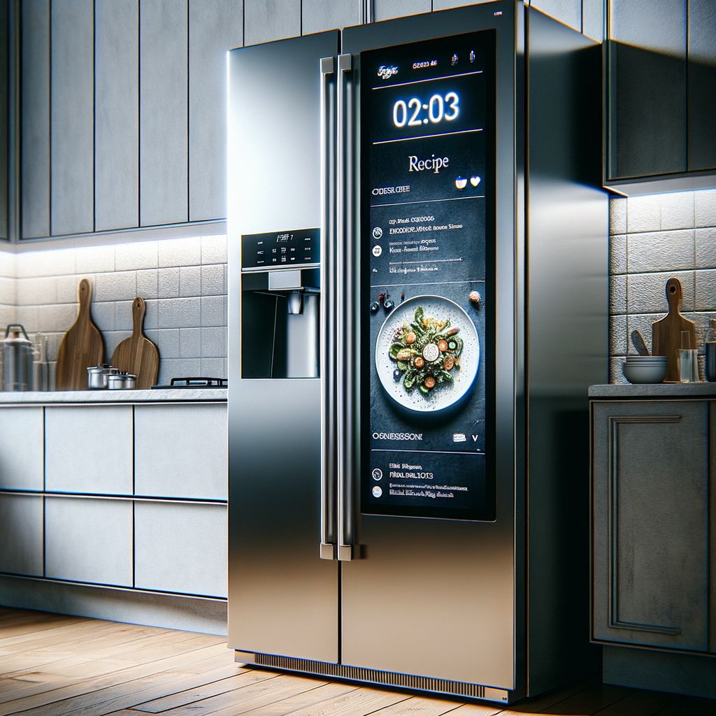 トレーニング後、AIが冷蔵庫と連携し、トレーニング内容に基づいた栄養バランスの良いレシピを提案している様子。必要な食材が冷蔵庫内で光って示されている。