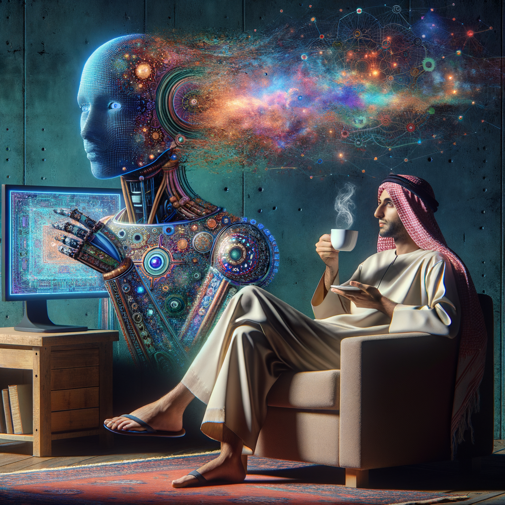 人がコーヒーを飲みながらリラックスしている様子と、複数の画面でAIが企業のロゴやデータチャートを表示してWebリサーチを自動化している様子。自動化によって生まれた時間を示唆している。