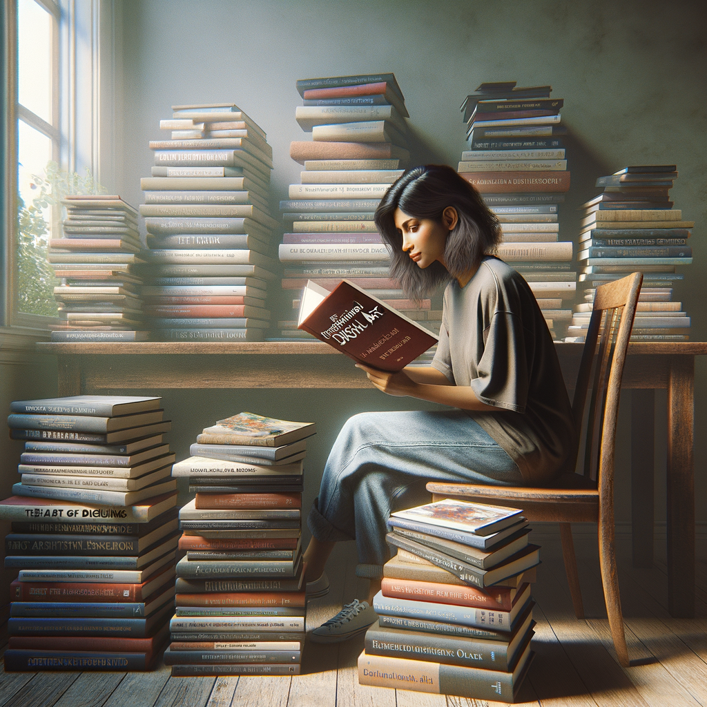 AIプロンプト関連の本に囲まれ、複数のモニターにコードやAI生成テキストが表示されたデスクに向かって座っている人物。プロンプトエンジニアリングの学習風景を表現。