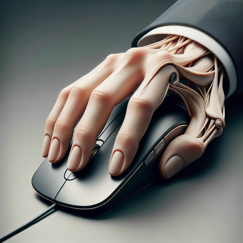 人がエルゴノミック縦型マウスを握っている写真。自然な手と手首の位置関係を強調し、背景はオフィスをぼかして、マウスに焦点が当たるようにする。