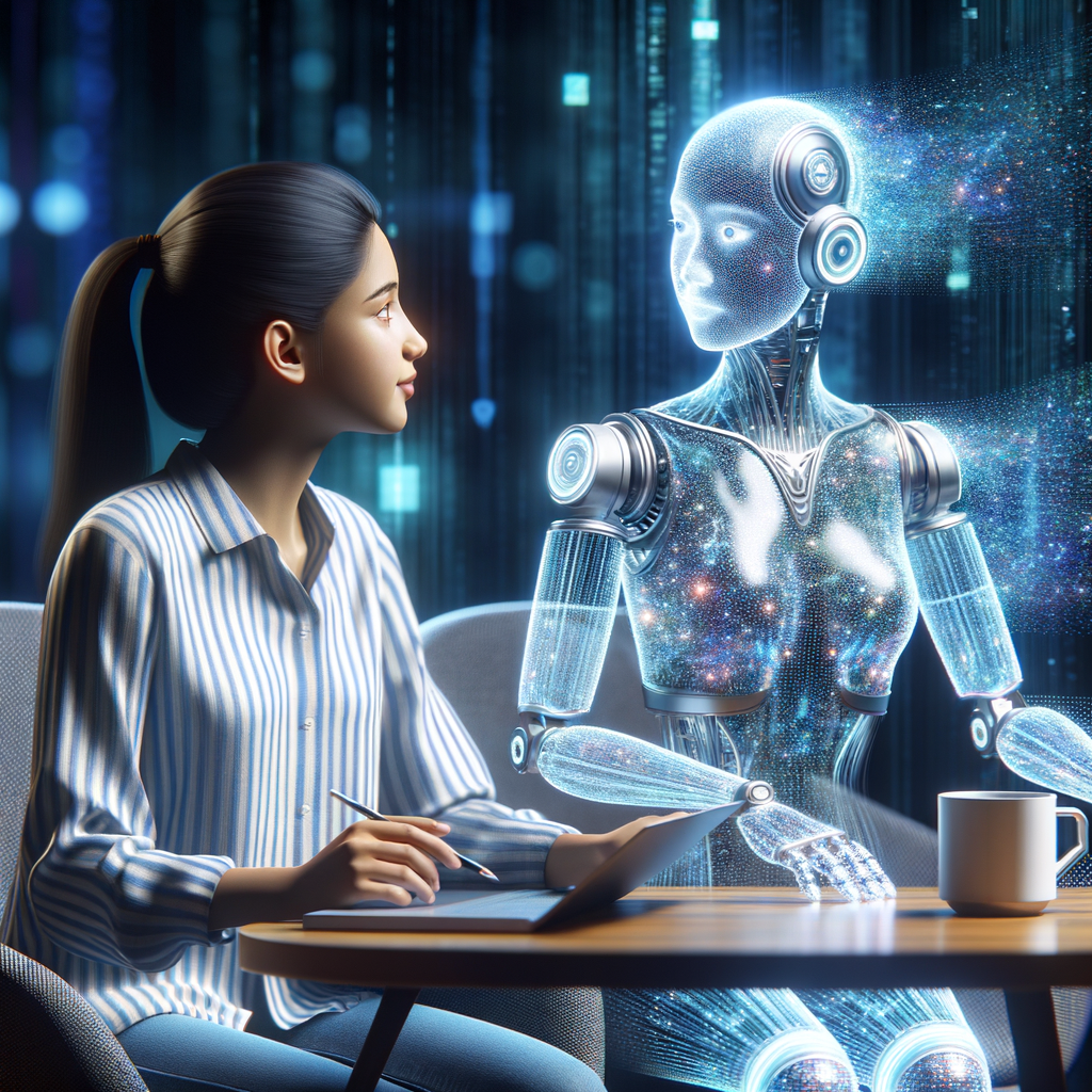 大学生が未来的なインターフェースで表示されたGPT-5搭載のAIアシスタントと、研究テーマについて議論している様子。AIは学生の思考を拡張し、新たな視点を提供している。