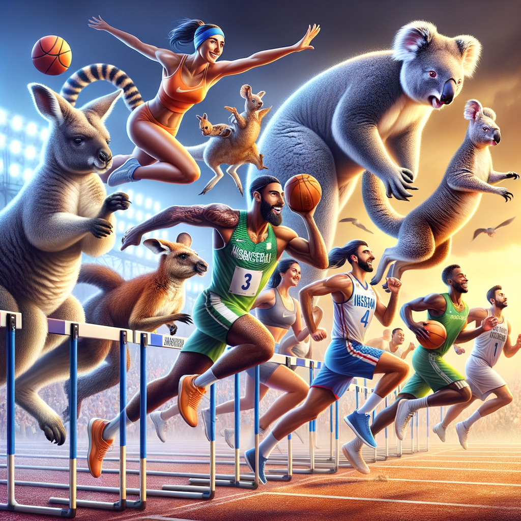 人間と動物が様々なスポーツイベントで競い合い、AIロボットが審判をしている様子。未来的なスタジアムが舞台。