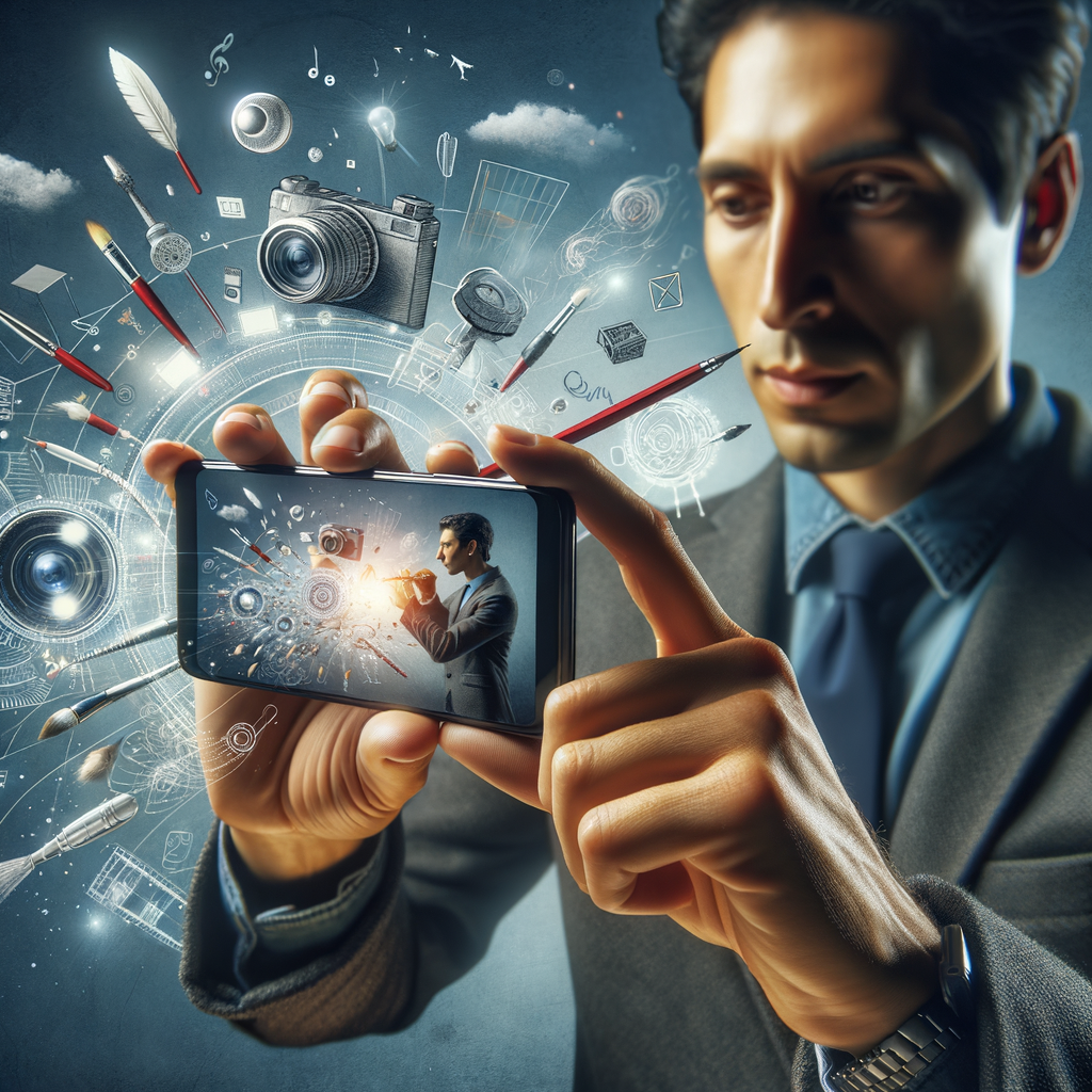 スマートフォンで動画を制作する人が、AI音楽アプリを使ってBGMを選んでいる様子を描写。完成した動画がSNSにアップロードされているイメージ。